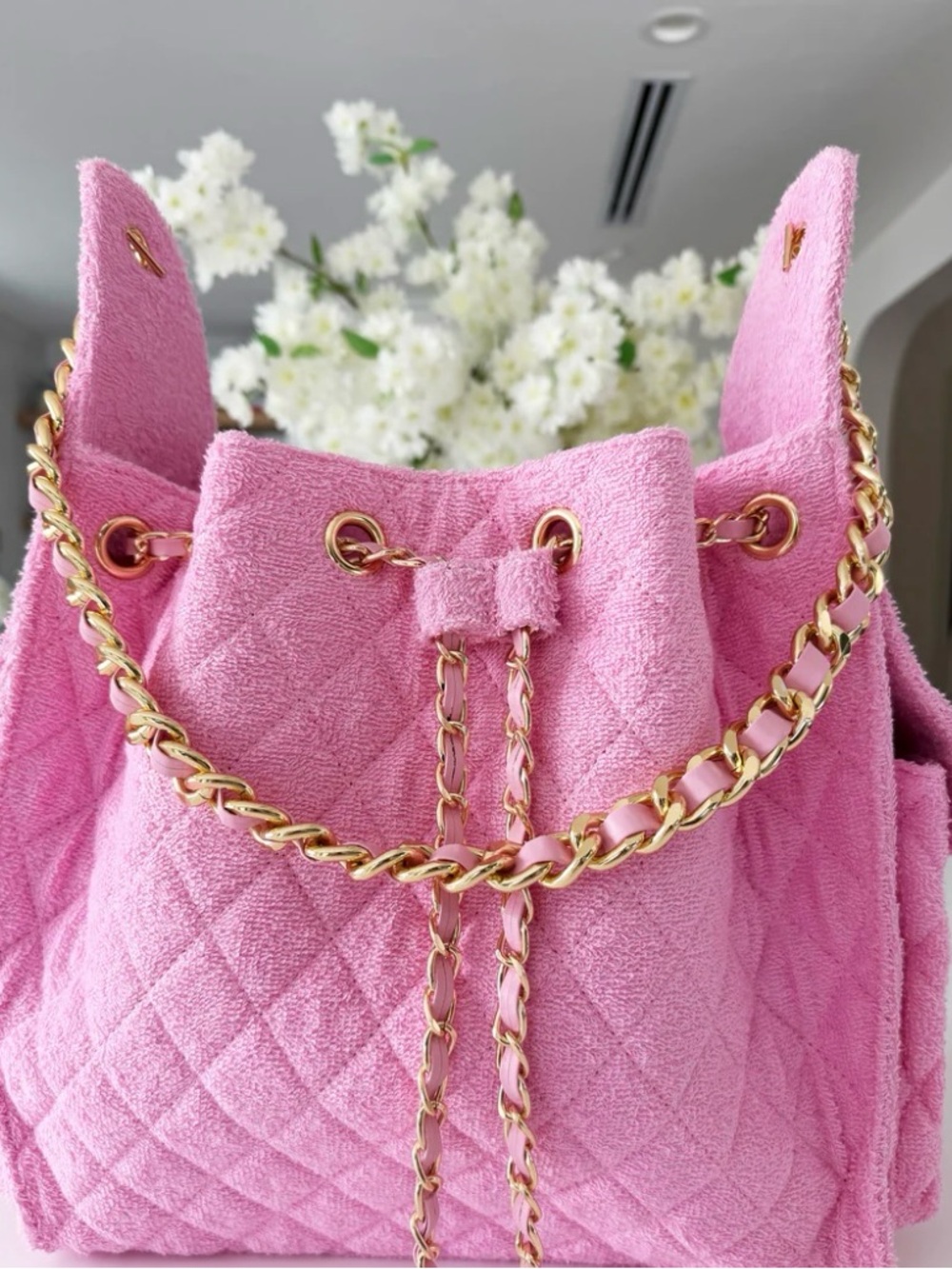 Pink terry cloth Quilted Bucket Bag with Gold Chain